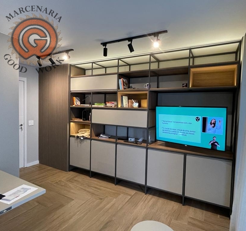 Estante-Sob Medida-Mdf Carvalho Hanover-Mdf Chamois-Tramato-Serralheria Preta-Marcenaria Good Work-5.jpg